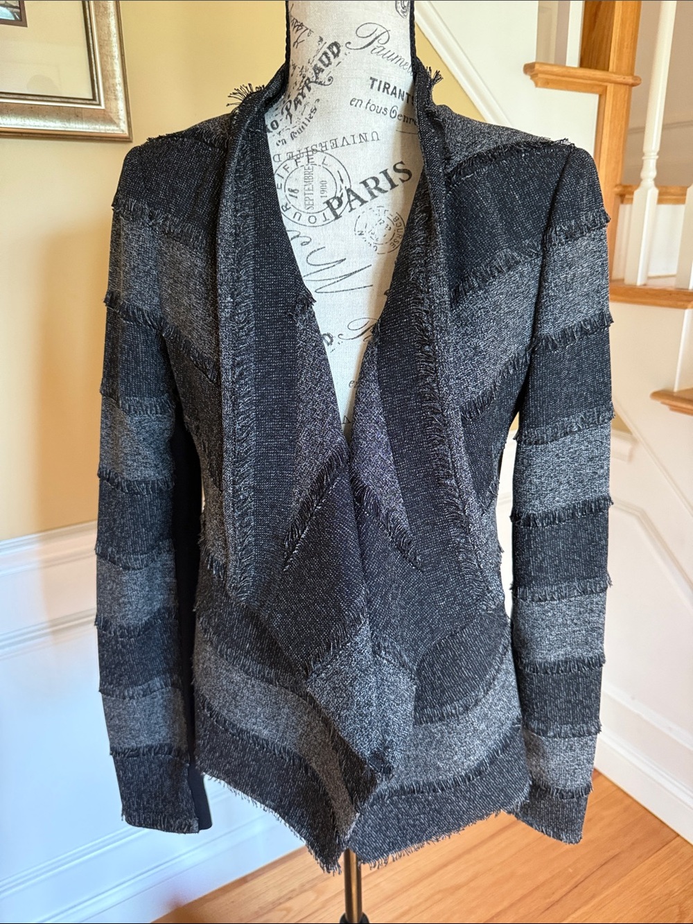 Striped Open Front Knit blazer Cardigan in Charcoal and Black - BCBG
